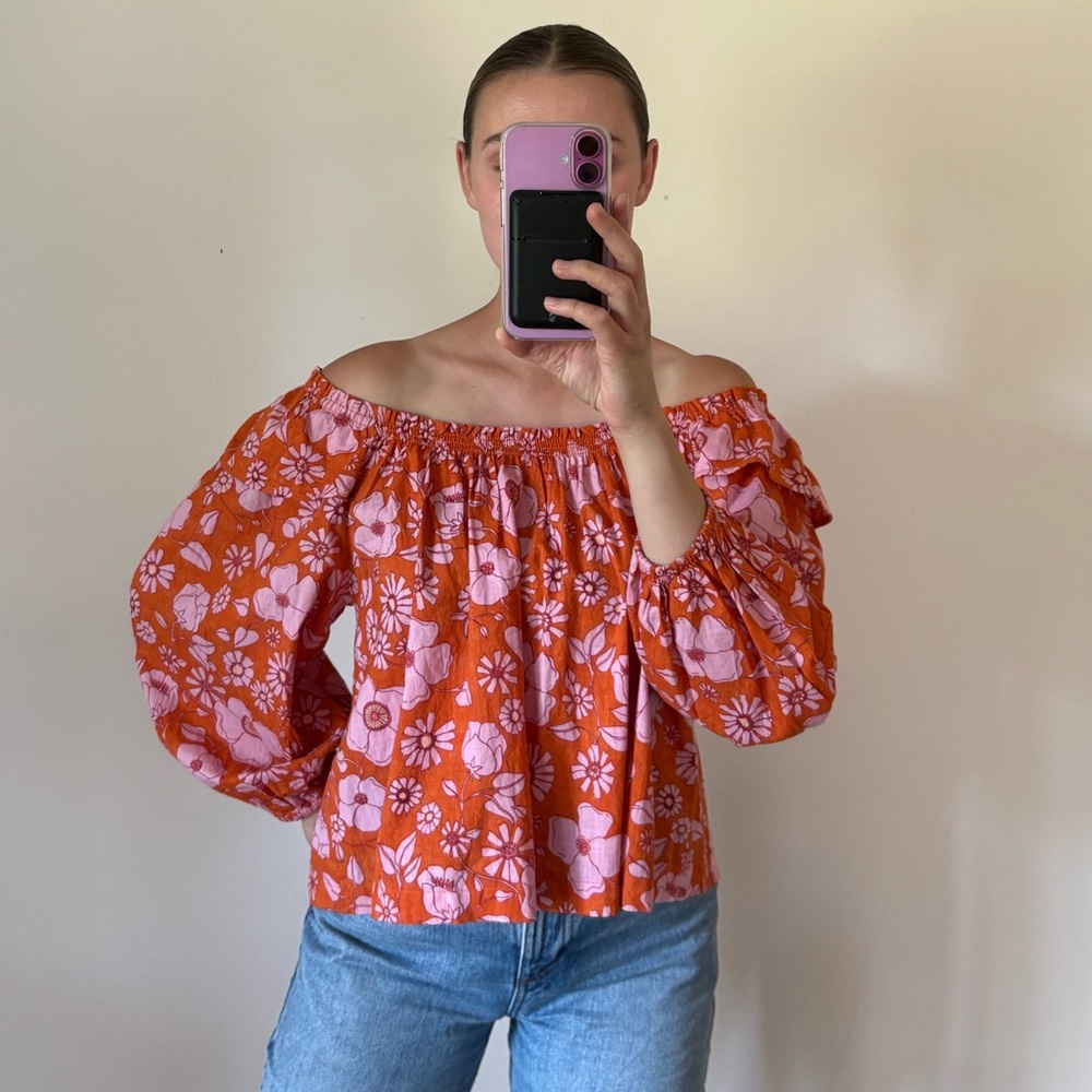 Free People Miss Daisy Floral Printed Off The Shoulder Top Blouse Ruffle Sleeve